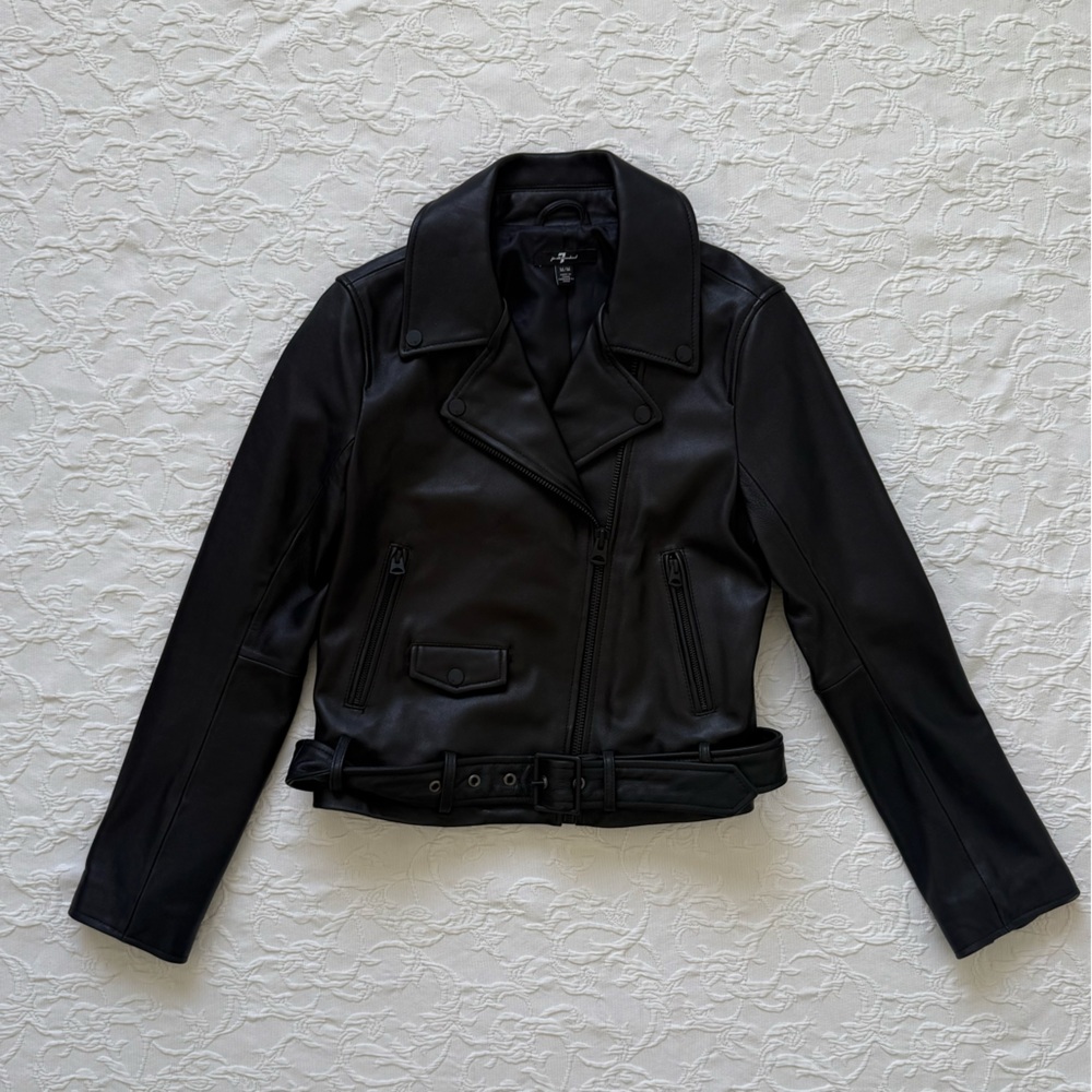Black Leather Moto Jacket Belted 7 for all Mankind Medium
